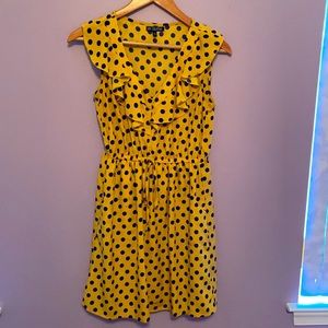 Gold/Yellow dress with navy blue polka dots